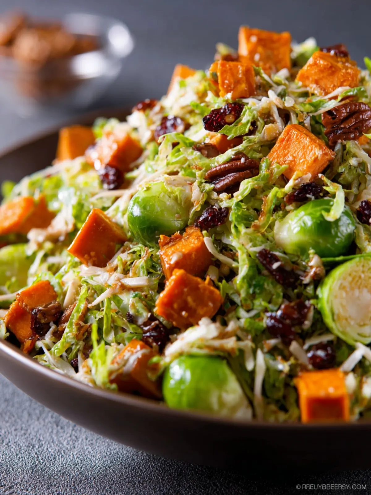 Shredded Brussel Sprout Salad with Roasted Sweet Potatoes First Image