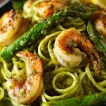 Lemon Pistachio Pesto Pasta with Shrimp and Asparagus First Image