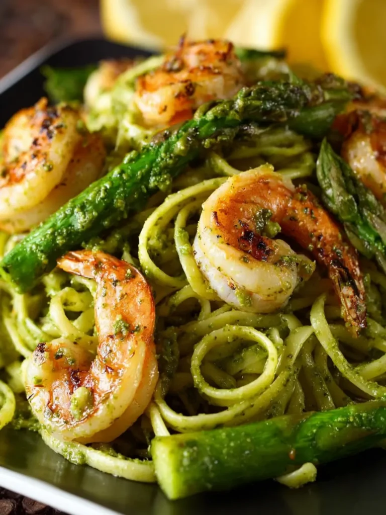 Lemon Pistachio Pesto Pasta with Shrimp and Asparagus First Image